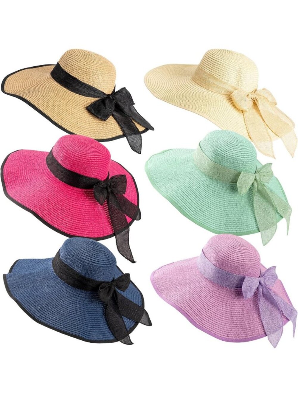 6 Pcs Women's Wide Brim Straw Hats with Bowknot - Perfect for Beach & Summer